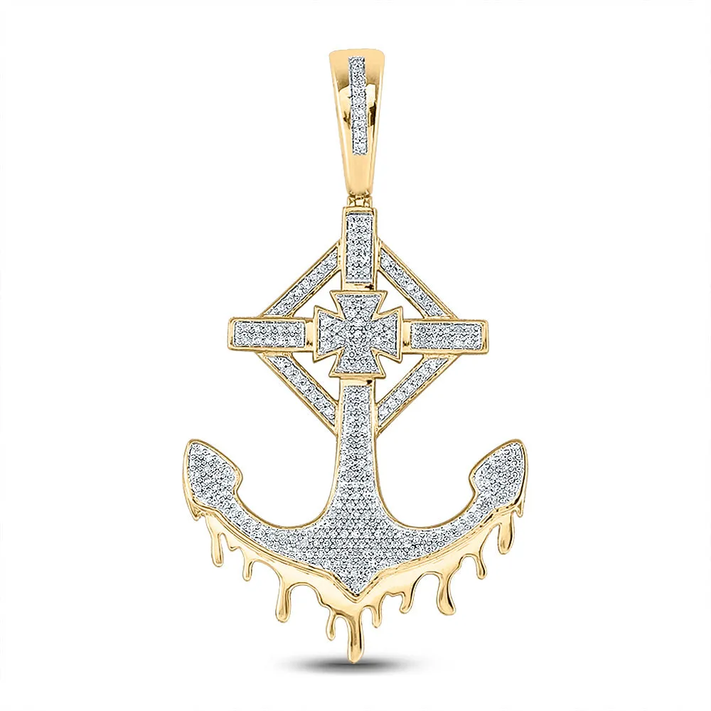 Keene Jewelers 10kt Yellow Gold Mens Round Diamond Anchor Cross Charm Pendant 1/2 Cttw