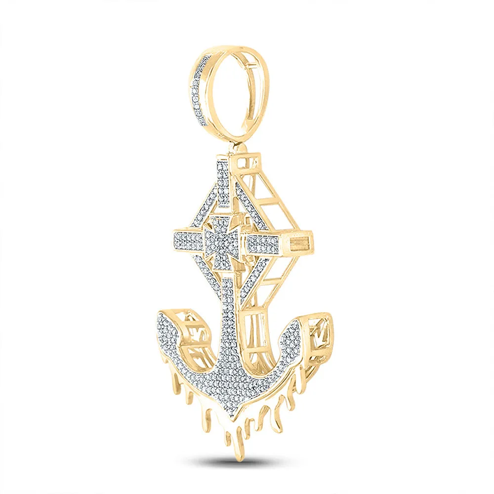 Keene Jewelers 10kt Yellow Gold Mens Round Diamond Anchor Cross Charm Pendant 1/2 Cttw