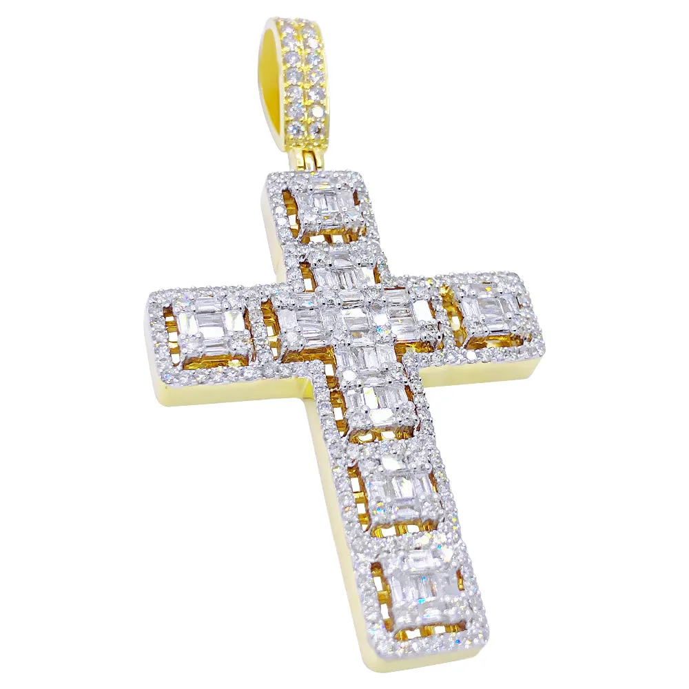 Large Baguette Cluster Cross 3.86cttw Diamond Pendant 10K Yellow Gold