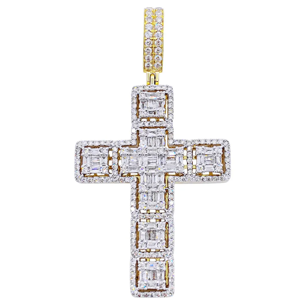 Large Baguette Cluster Cross 3.86cttw Diamond Pendant 10K Yellow Gold