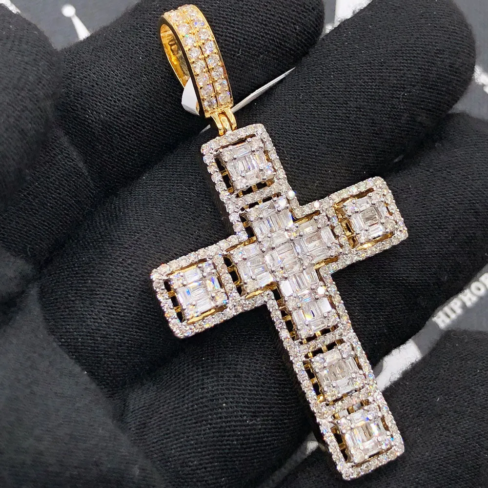 Large Baguette Cluster Cross 3.86cttw Diamond Pendant 10K Yellow Gold