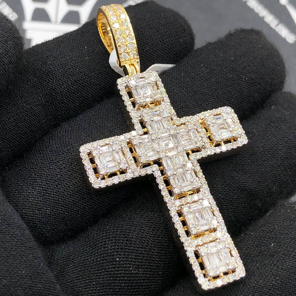 Large Baguette Cluster Cross 3.86cttw Diamond Pendant 10K Yellow Gold