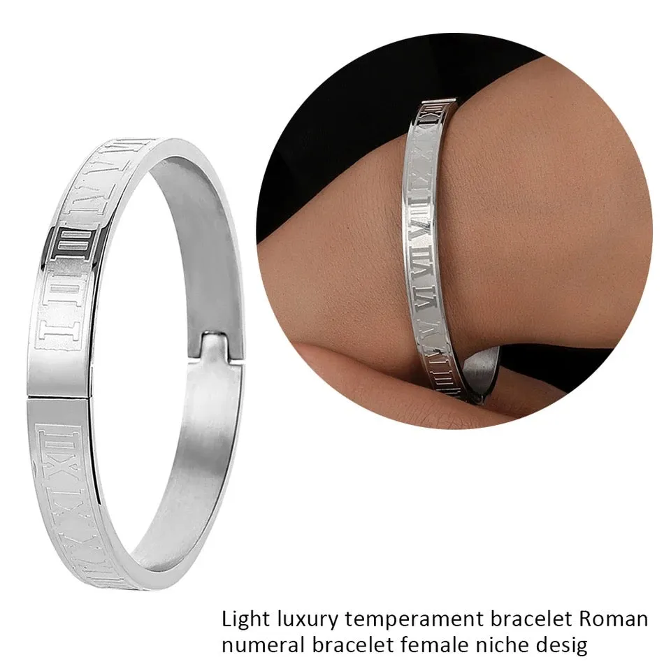 Luxury Cuff Bracelet Bangle Stainless Steel Bracelet Carving Roman Numeral Couple Roman Bangle For Men Women Jewelry