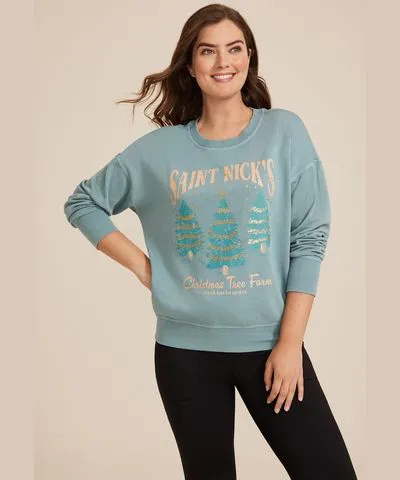 maurices Women's St Nicks Christmas Tree Farm Relaxed Fit Sweatshirt Green Size X Small