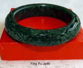 Mei Beautiful Flowers Dynasty Carved Deep Green Jade Bangle 58.5mm (DC125)