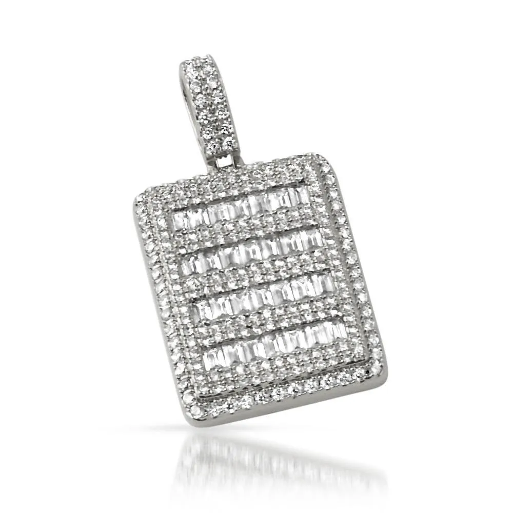 Micro Pave Baguette Dog Tag CZ Pendant in Rhodium