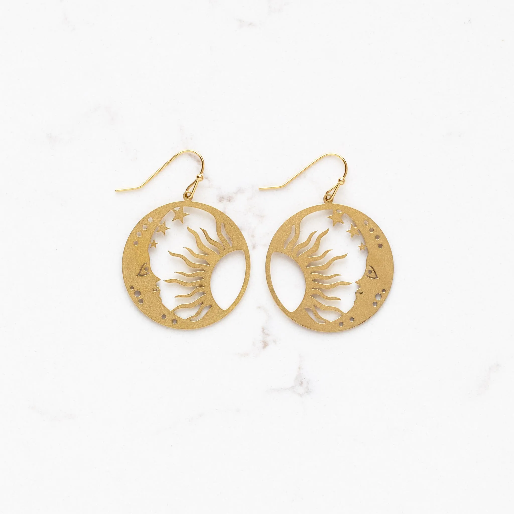 Moon and Sun Celestial Brass Dangle Earrings