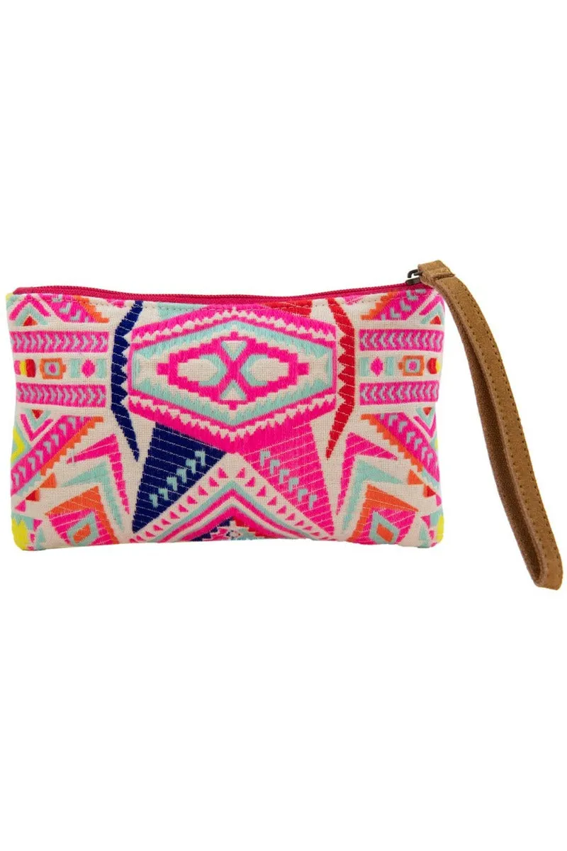 Multicolored Aztec Sequin and Beaded Wristlet w/ Leather Strap