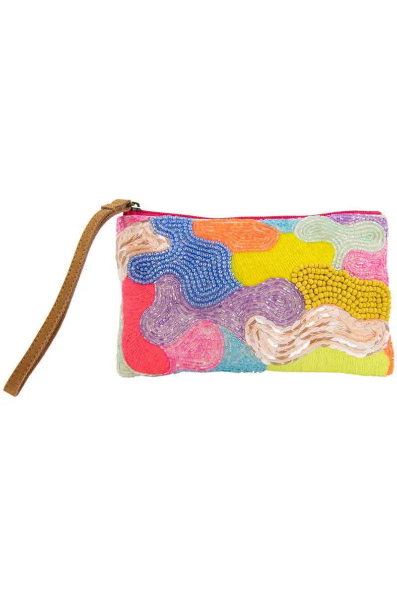 Multicolored Aztec Sequin and Beaded Wristlet w/ Leather Strap