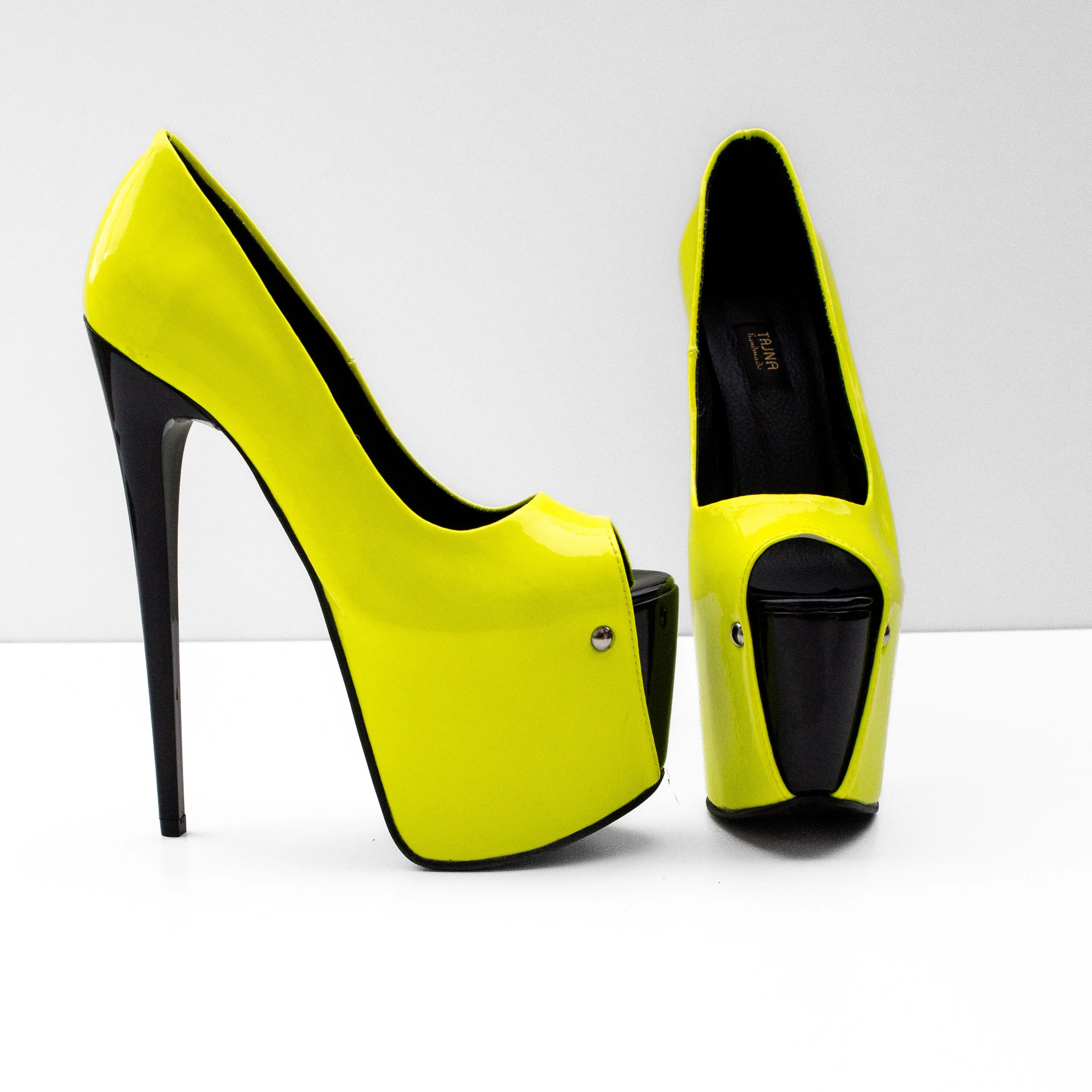 Neon Yellow Black Gloos Peep Toe Pumps