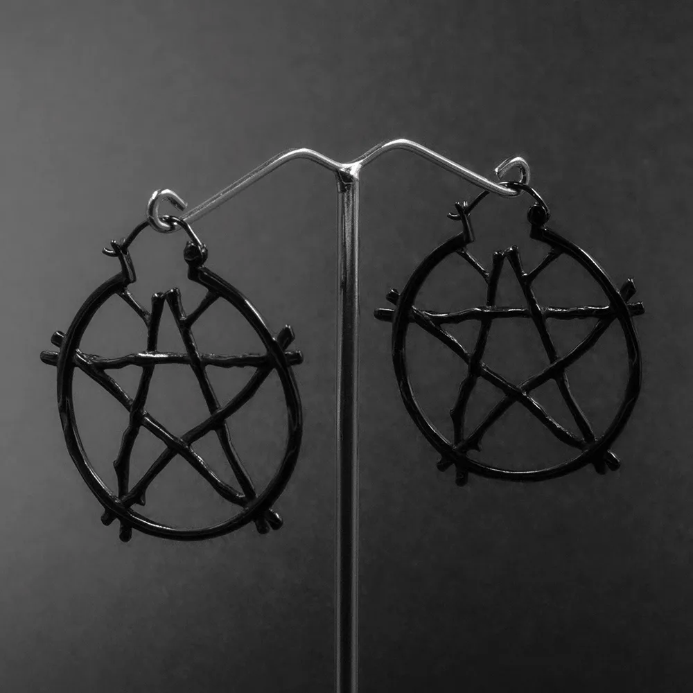 Pentagram Hoops Large Black S/Steel Earrings