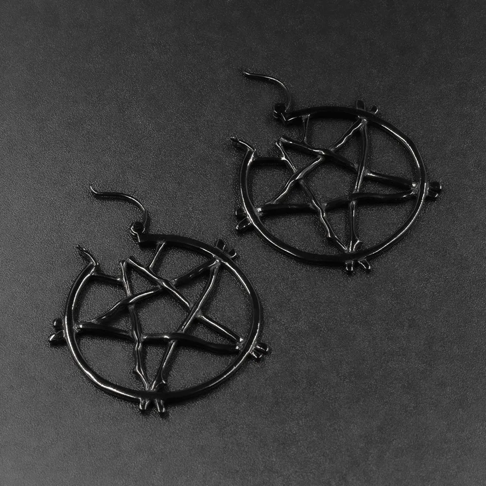 Pentagram Hoops Large Black S/Steel Earrings