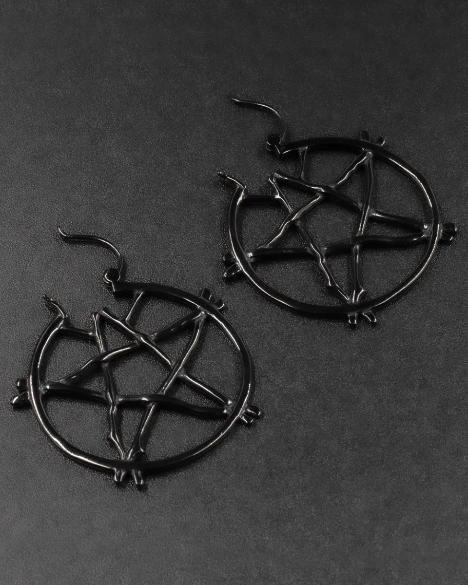 Pentagram Hoops Large Black S/Steel Earrings