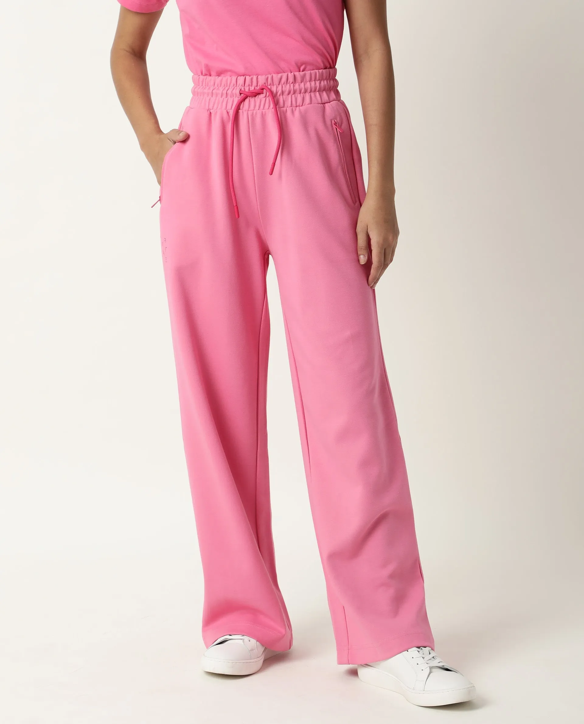 Rareism Women Capsule Flouroscent Pink Cotton Blend Fabric Relaxed Fit Solid Mid Rise Ankle Length Track Pant