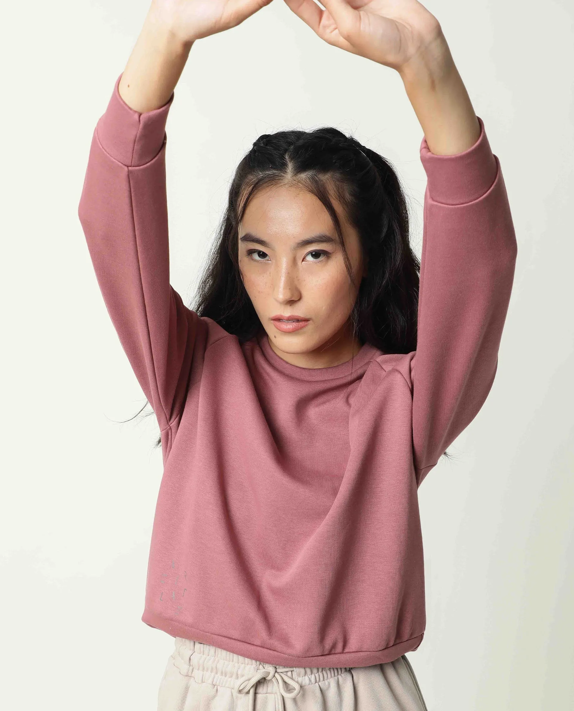 Rareism Women Cax Dark Pink Cotton Blend Fabric Relaxed Fit Full Sleeves Solid Round Neck Sweatshirt