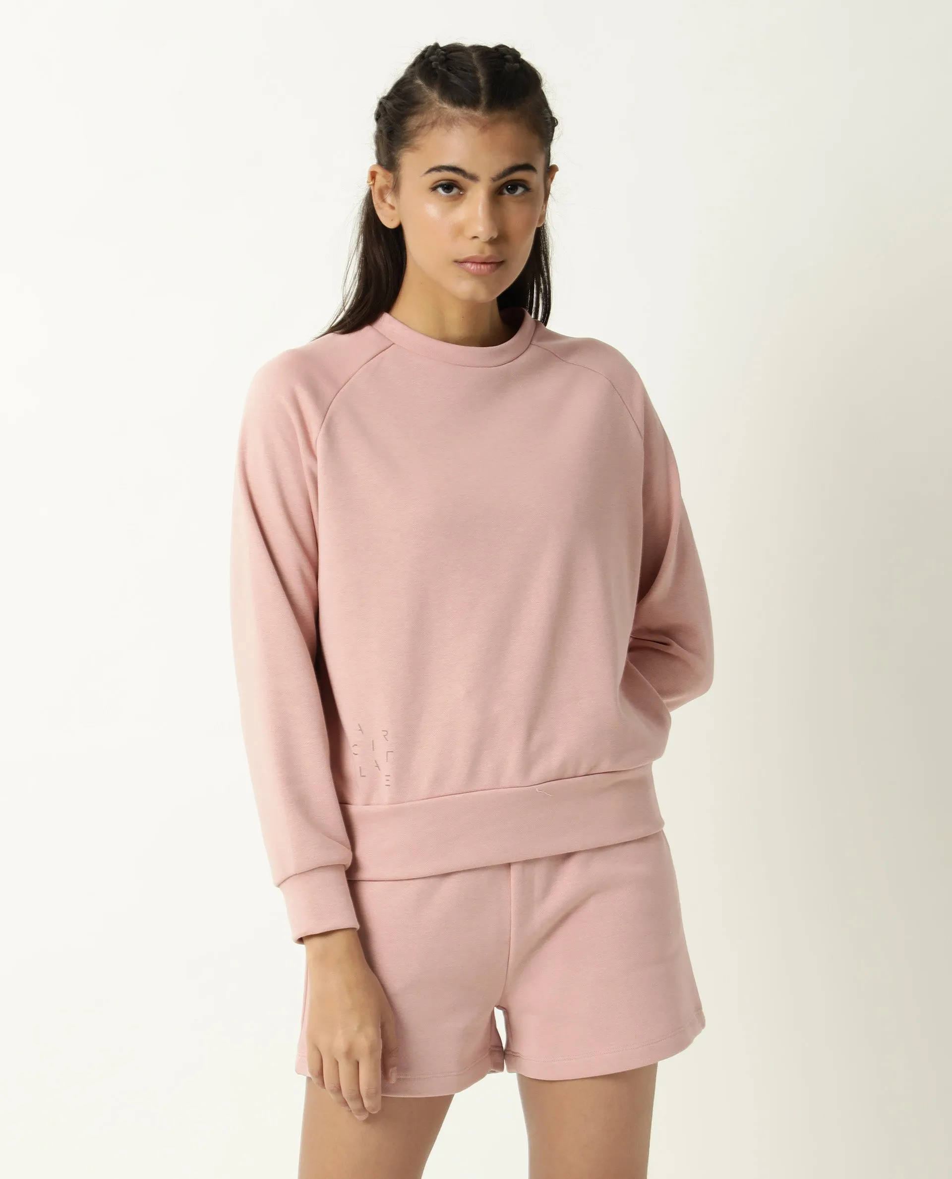 Rareism Women Cax Dusky Pink Cotton Blend Fabric Relaxed Fit Full Sleeves Solid Round Neck Sweatshirt