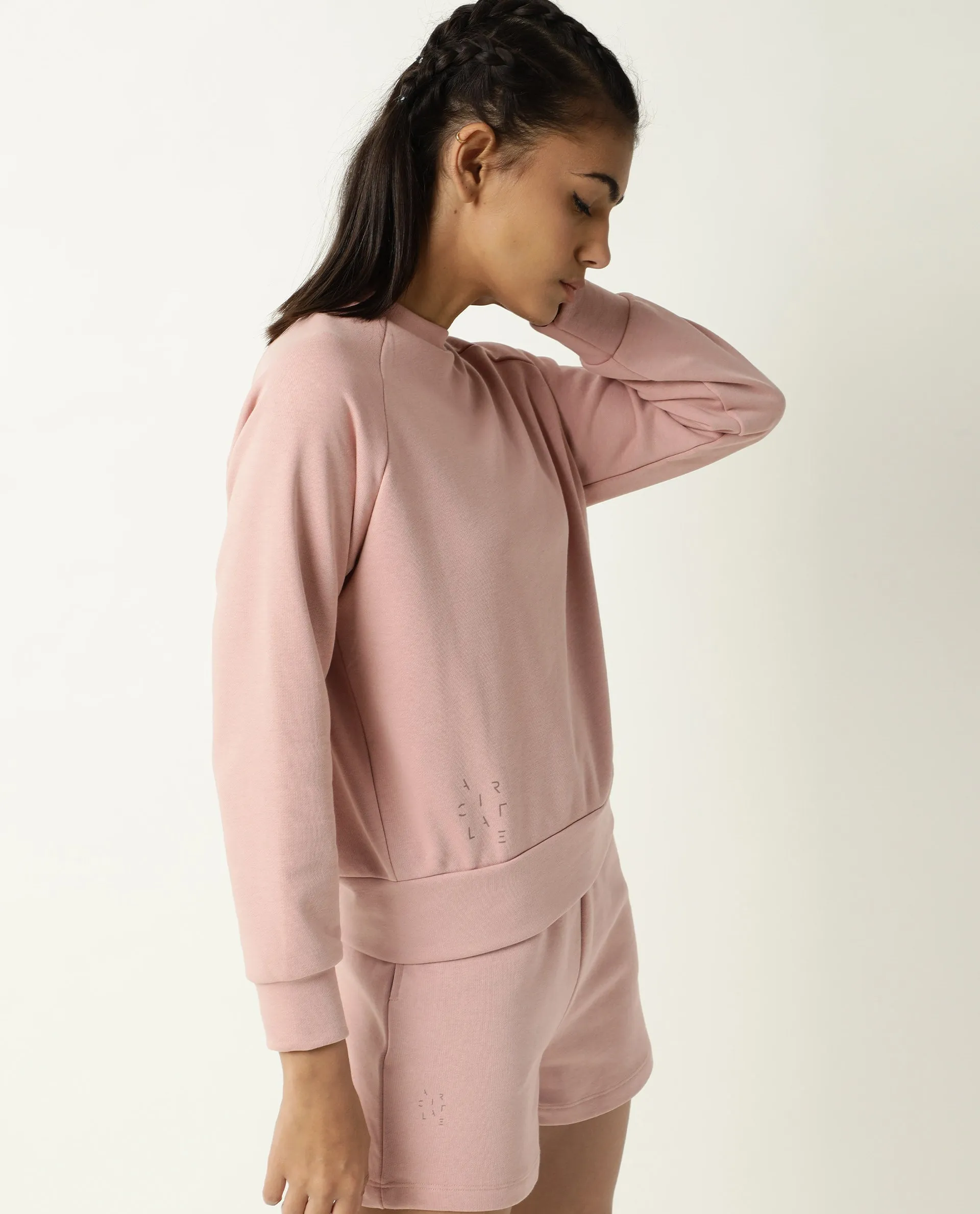 Rareism Women Cax Dusky Pink Cotton Blend Fabric Relaxed Fit Full Sleeves Solid Round Neck Sweatshirt