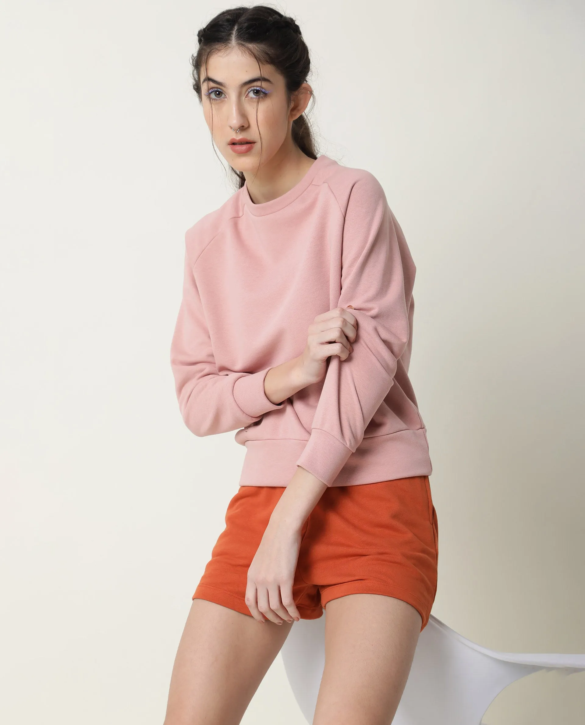 Rareism Women Cax Dusky Pink Cotton Blend Fabric Relaxed Fit Full Sleeves Solid Round Neck Sweatshirt