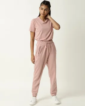 Rareism Women Creta Dusky Pink Cotton Blend Fabric Relaxed Fit Solid Mid Rise Ankle Length Track Pant