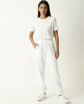 Rareism Women Creta Off White Cotton Blend Fabric Relaxed Fit Solid Mid Rise Ankle Length Track Pant