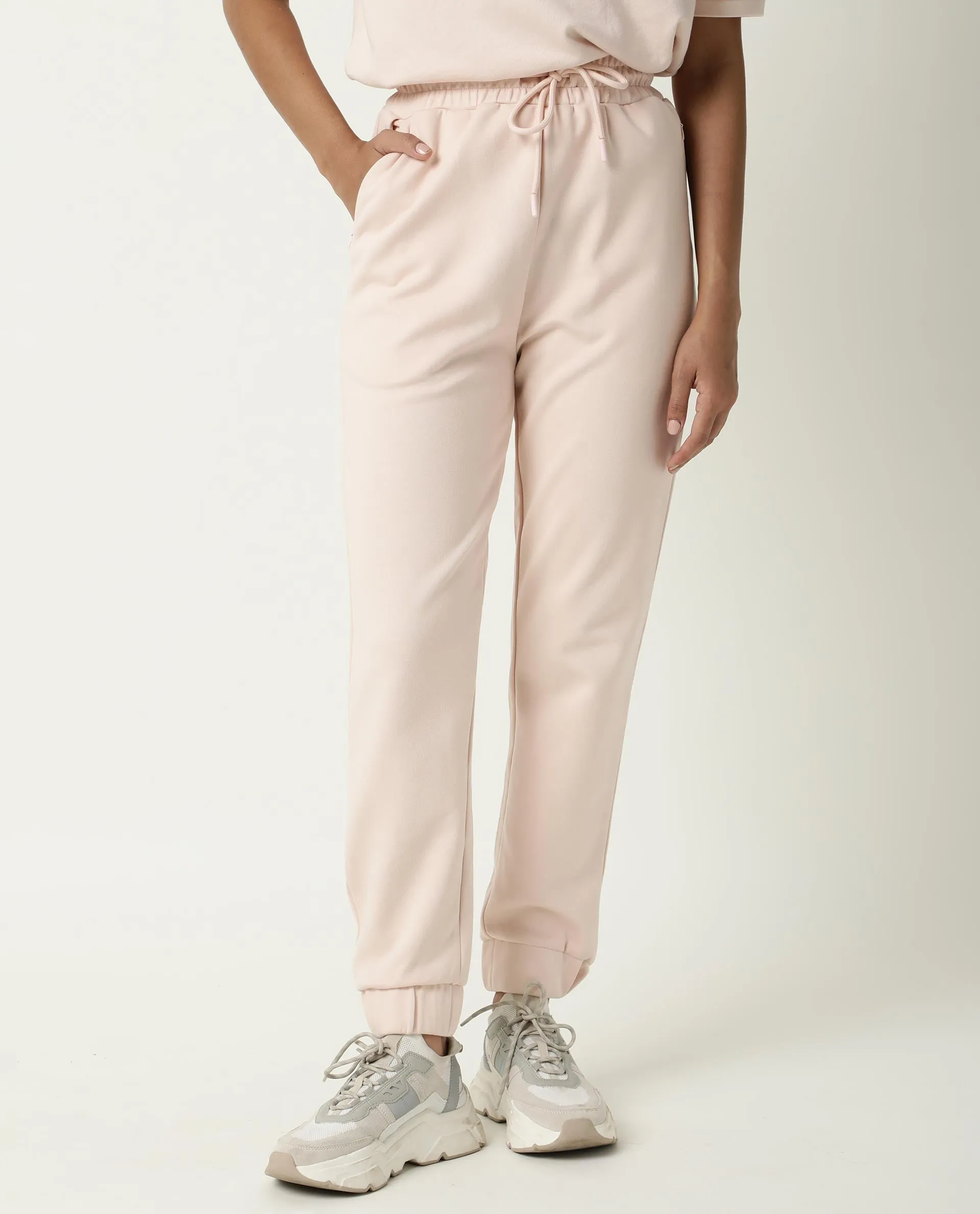 Rareism Women Creta Pink Cotton Blend Fabric Relaxed Fit Solid Mid Rise Ankle Length Track Pant