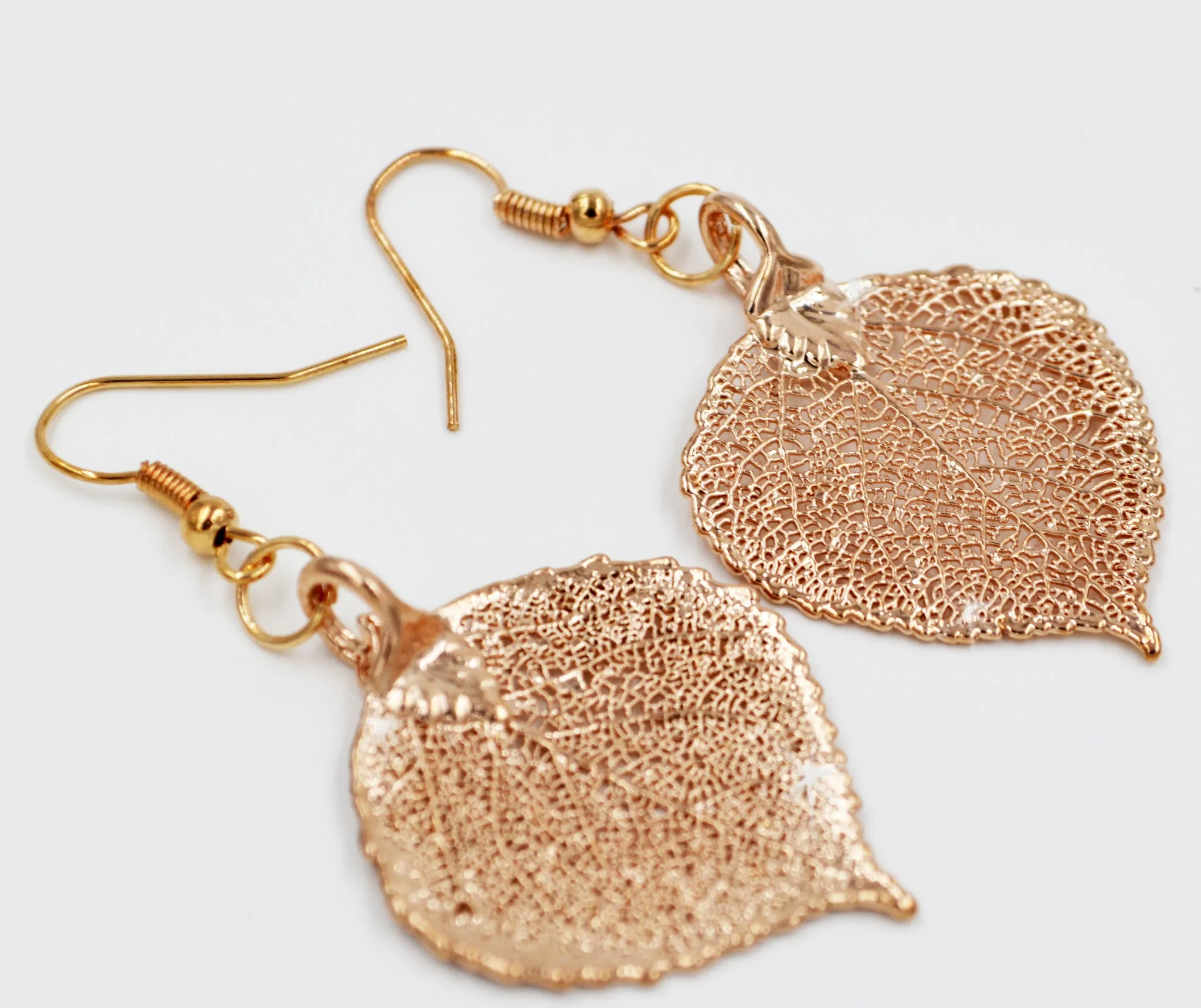 Real Leaf Hook Drop Earrings ASPEN Dipped in Rose Gold