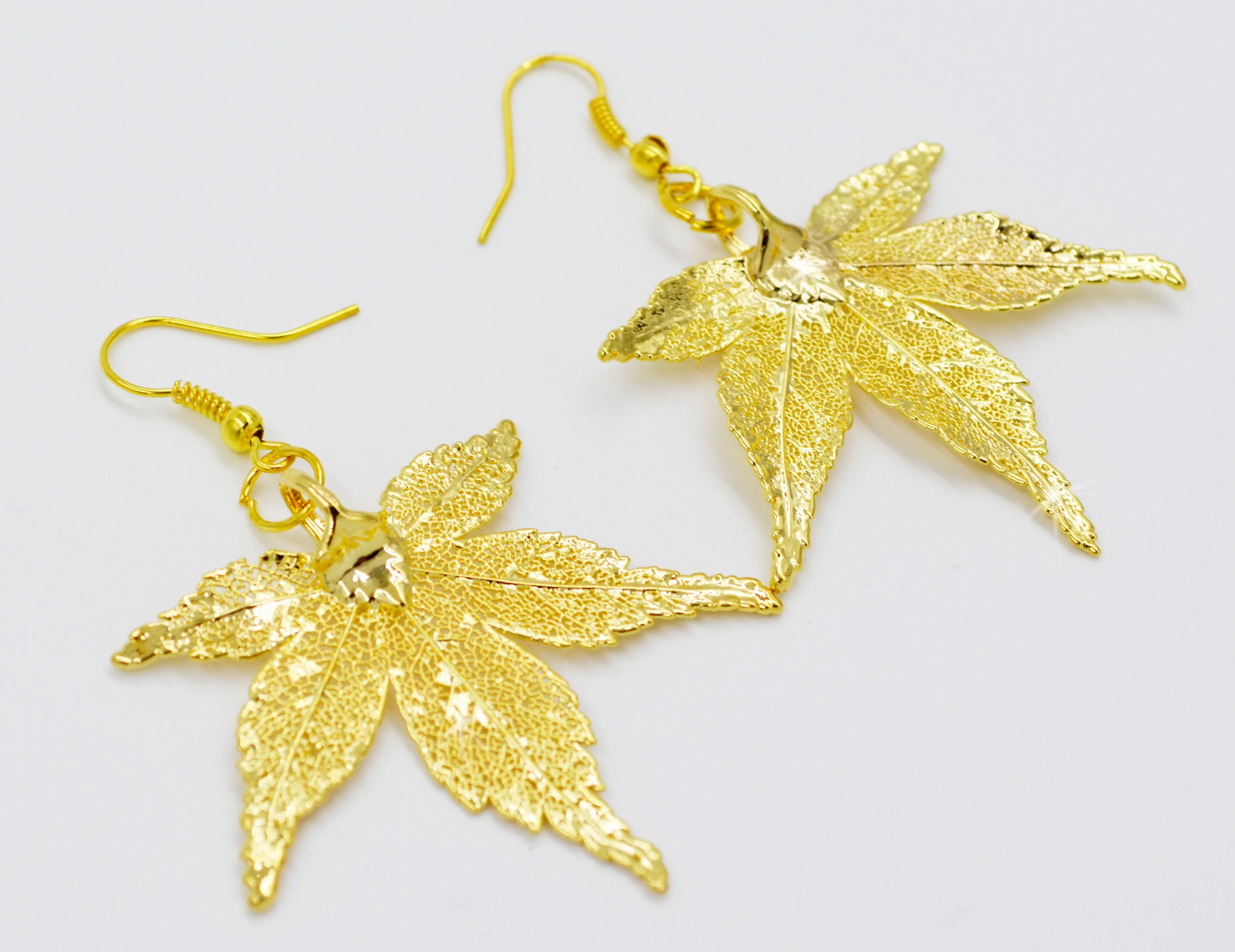 Real Leaf Hook Drop EARRINGS Japanese Maple Dipped in 24K Yellow Gold Genuine Leaf