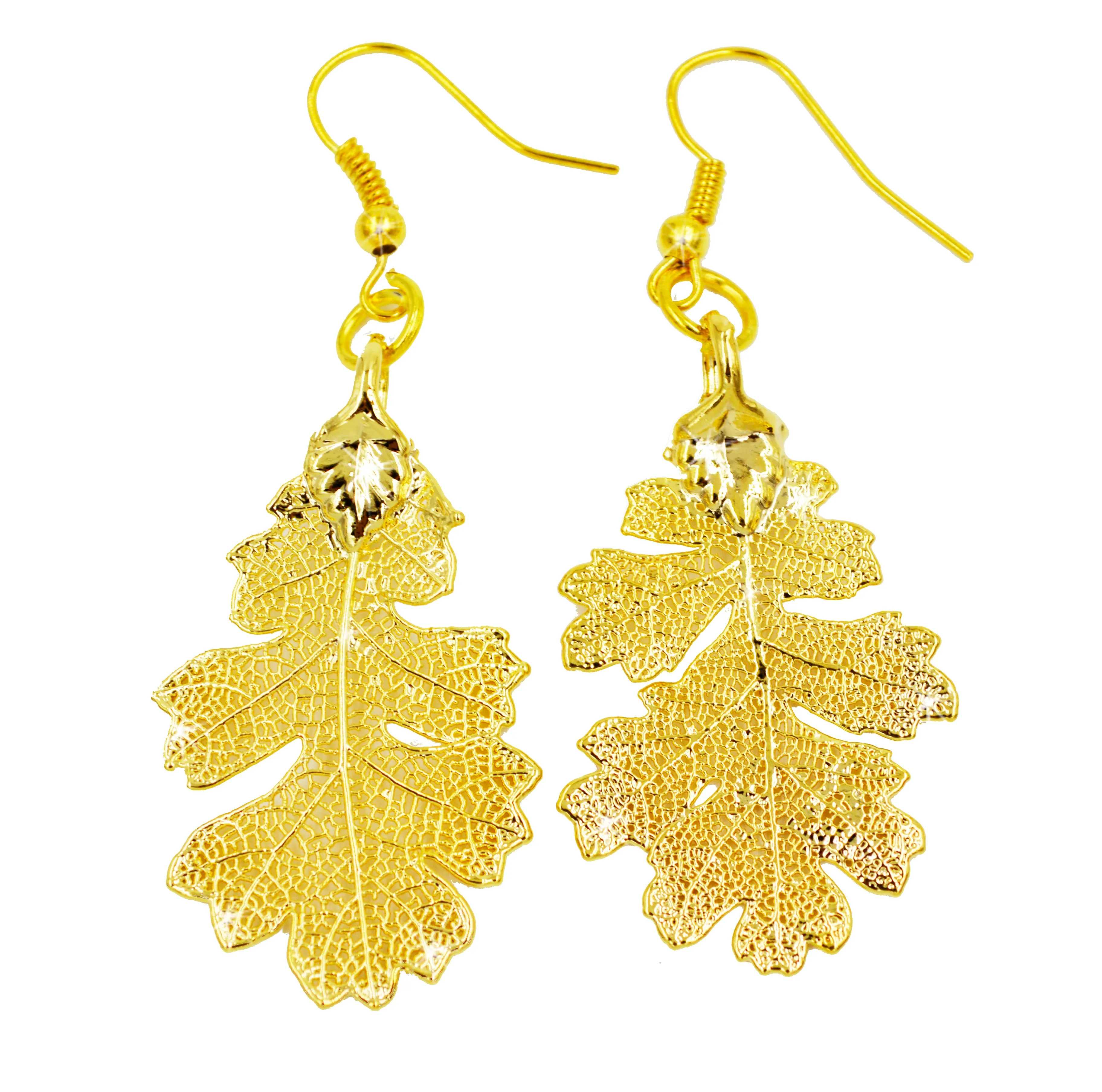 Real Leaf Hook Drop EARRINGS Lacey OAK in 24K Yellow Gold Genuine Leaf