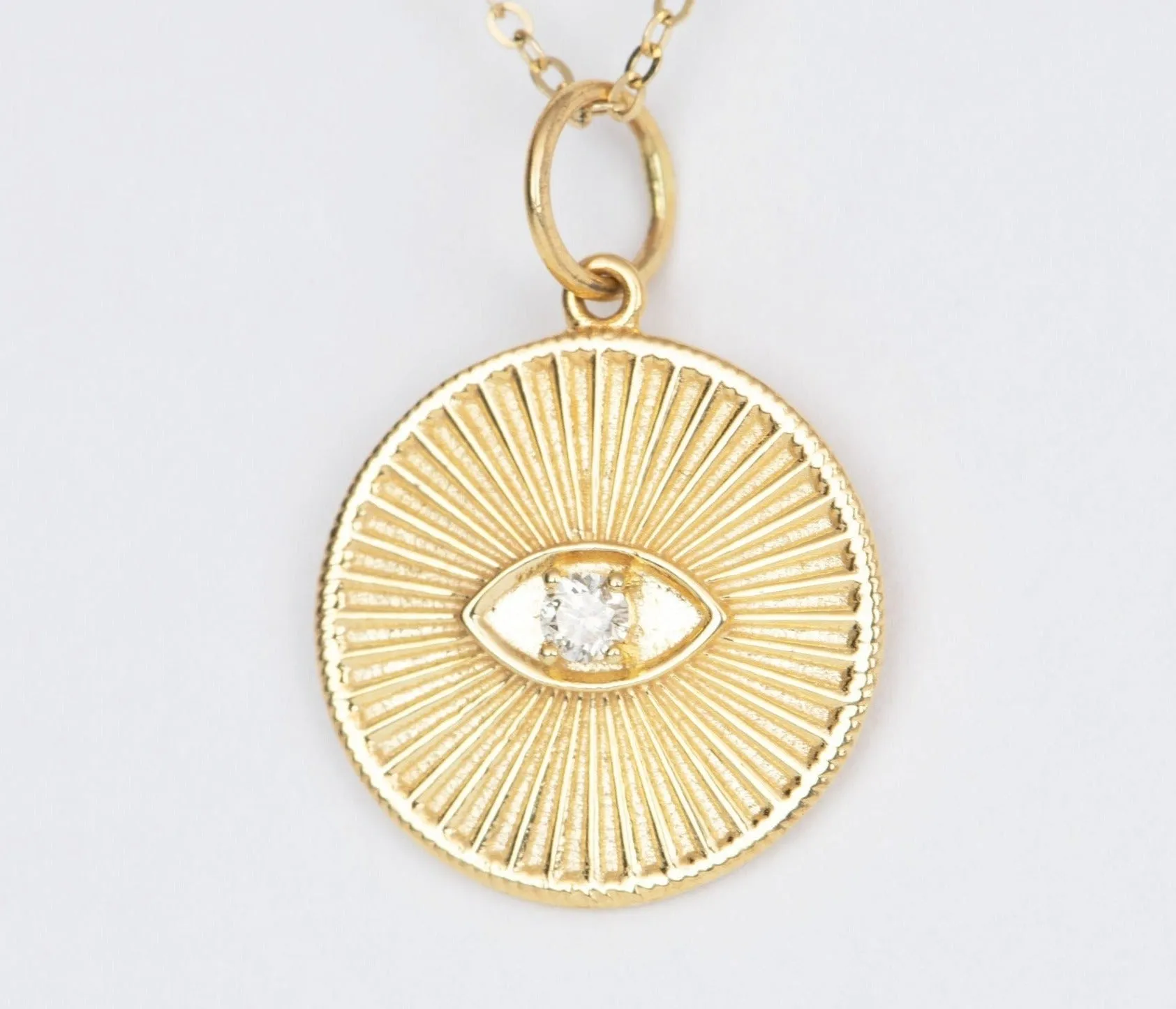 Round Disk Evil Eye Pendant Charm with Diamond 14K Gold R4433