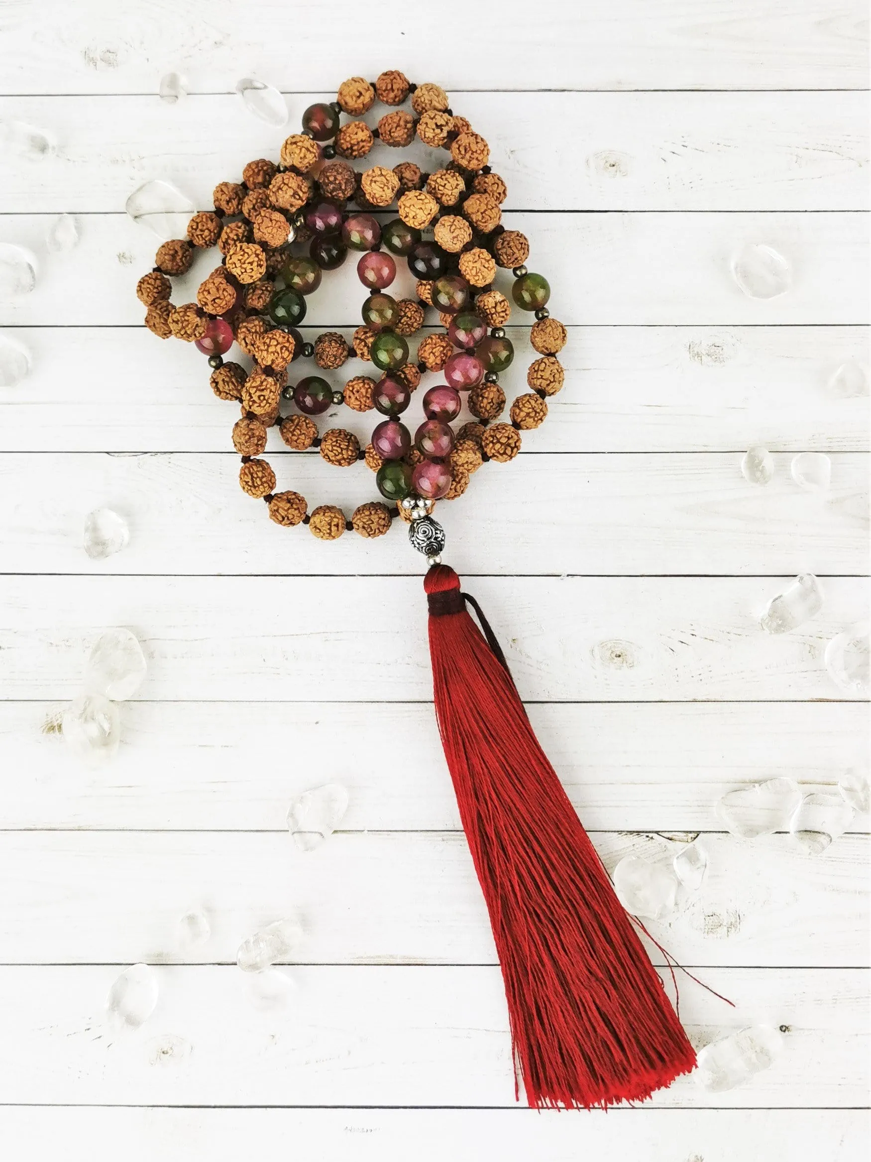 Rudraksha & Watermelon Jade Mala