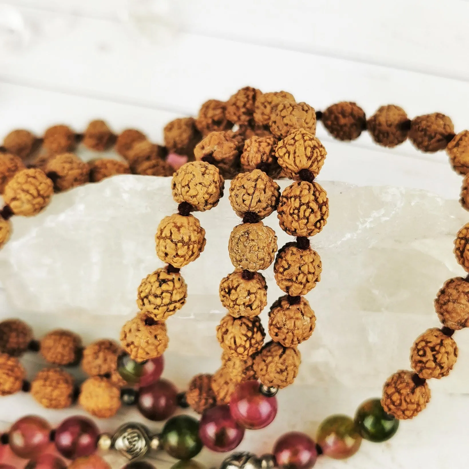 Rudraksha & Watermelon Jade Mala