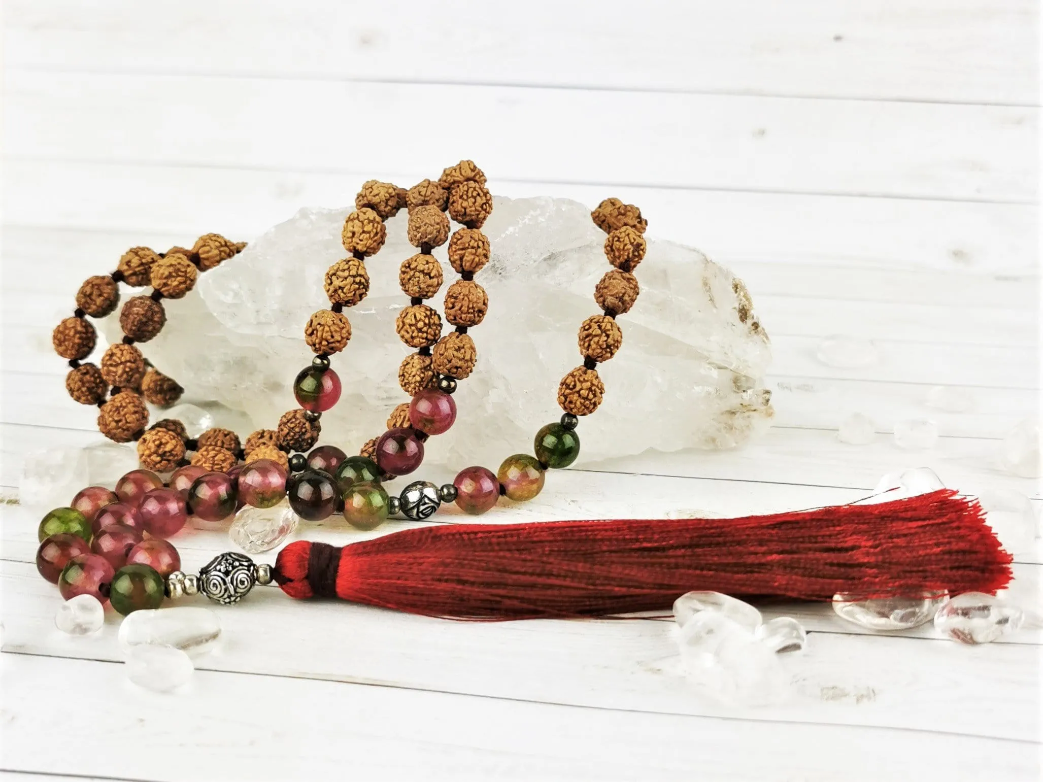 Rudraksha & Watermelon Jade Mala