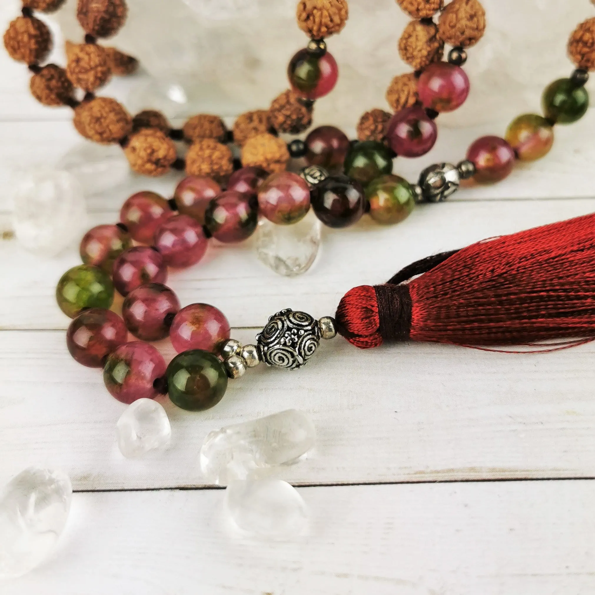 Rudraksha & Watermelon Jade Mala