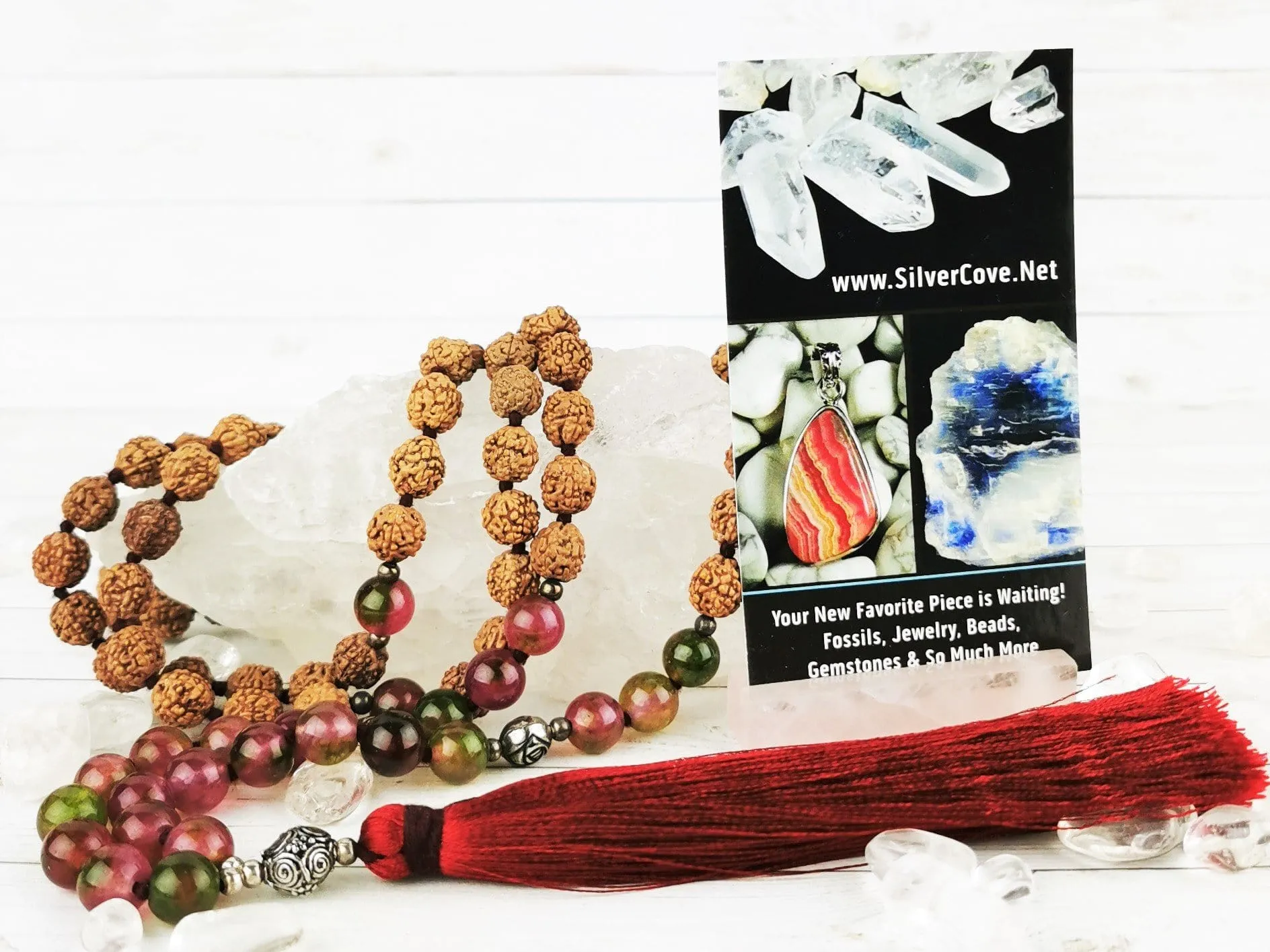 Rudraksha & Watermelon Jade Mala