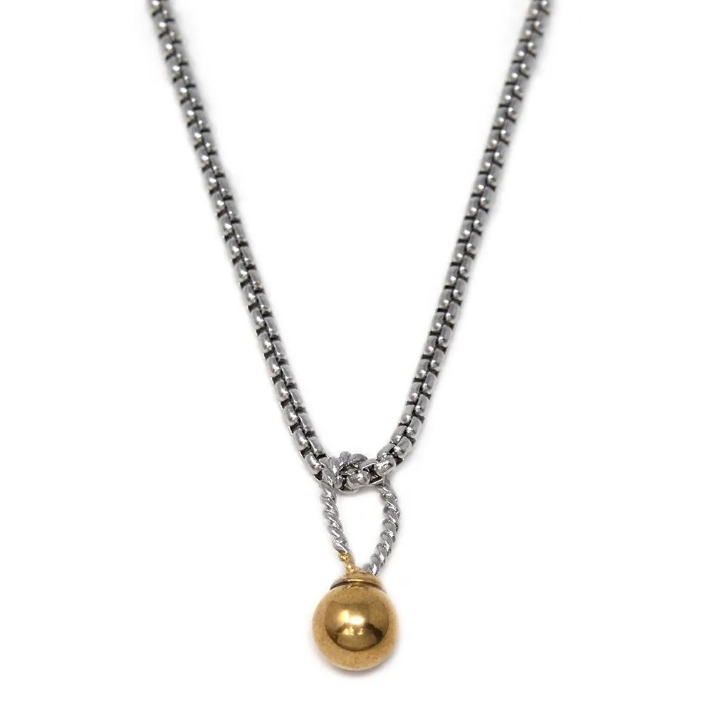 Stainless St Necklace with Two Tone Gold Ball Pendant