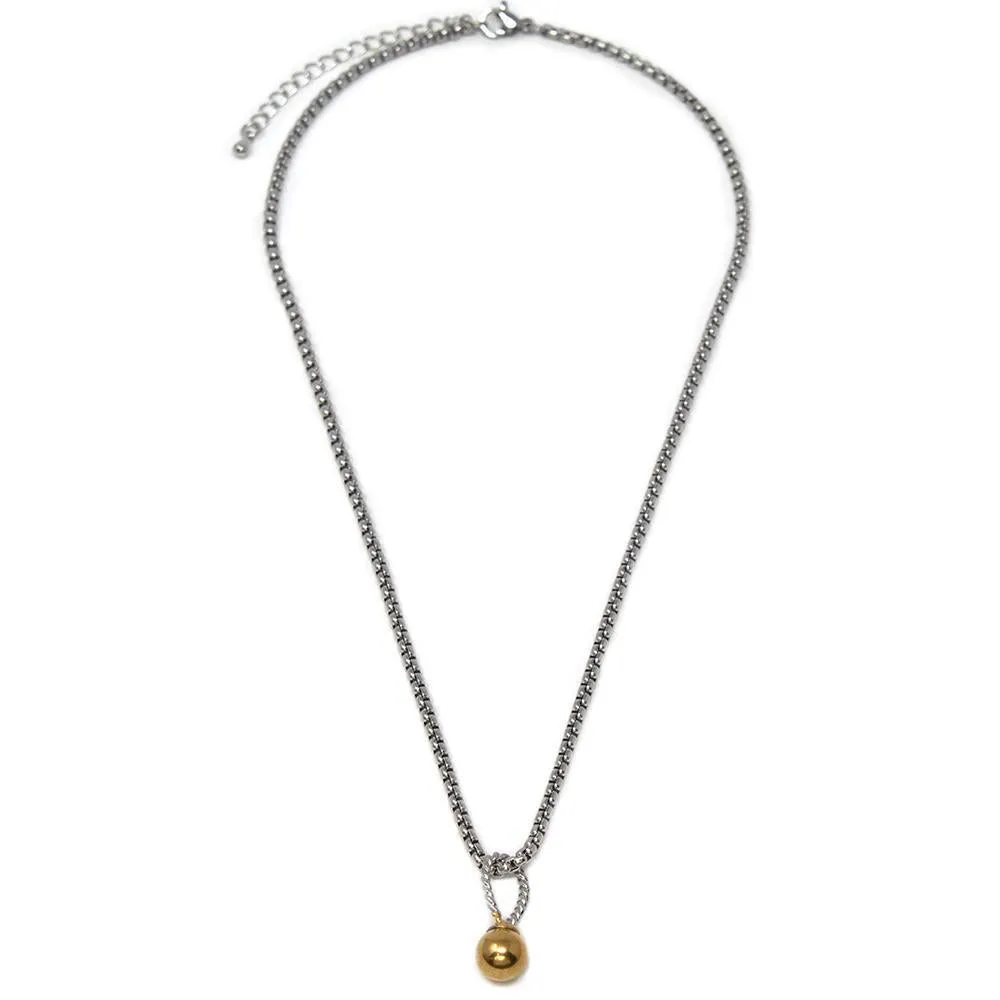 Stainless St Necklace with Two Tone Gold Ball Pendant