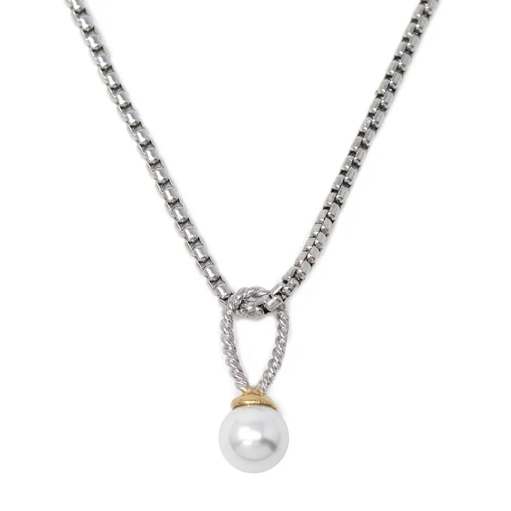 Stainless St Necklace with Two Tone Pearl Ball Pendant