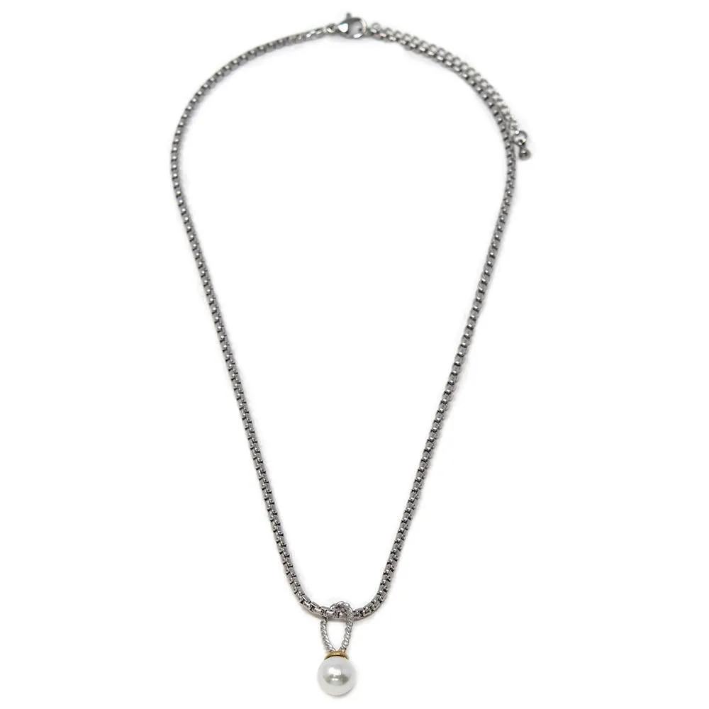 Stainless St Necklace with Two Tone Pearl Ball Pendant