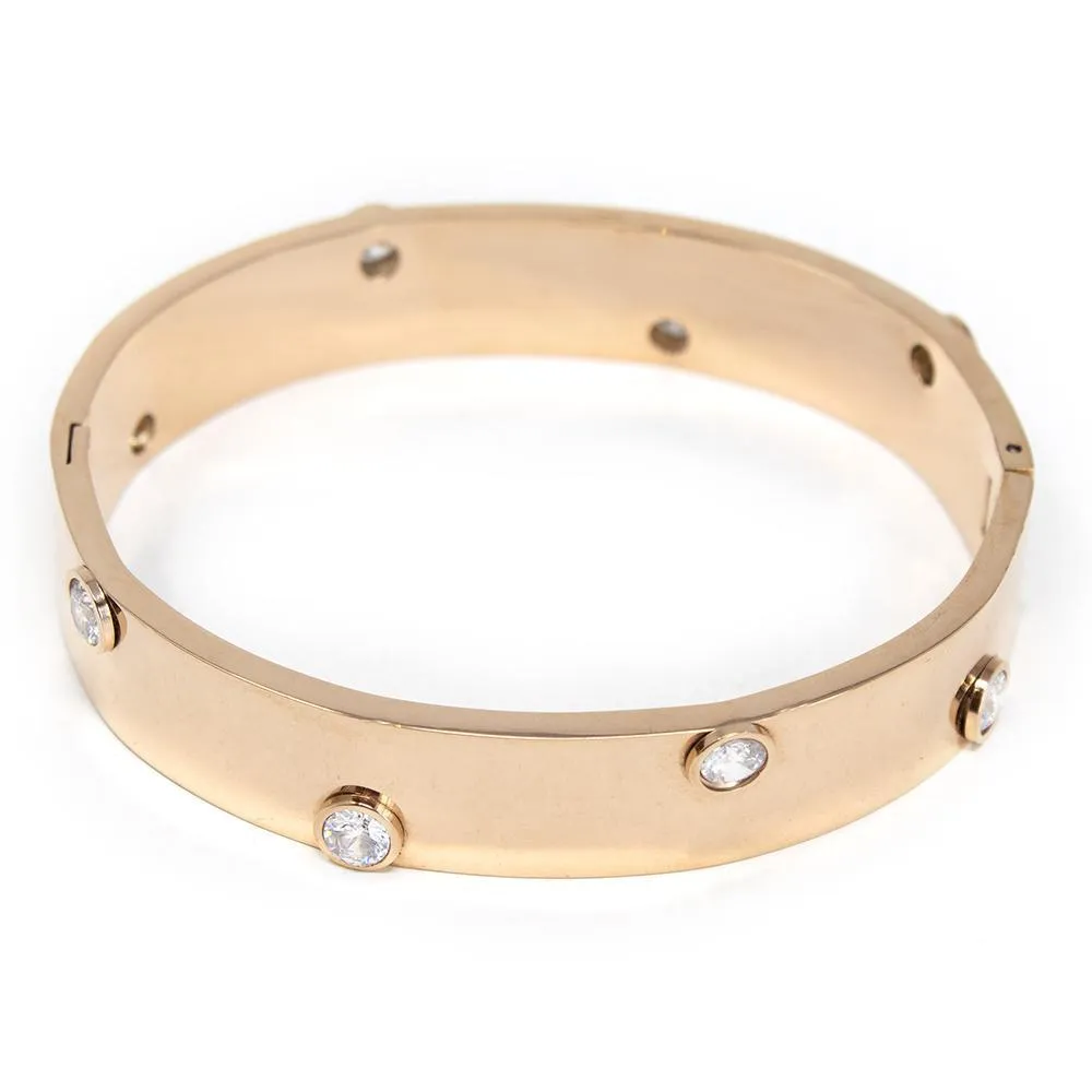 Stainless Steel Hinged Bracelet with Crystal Rose Gold Plated