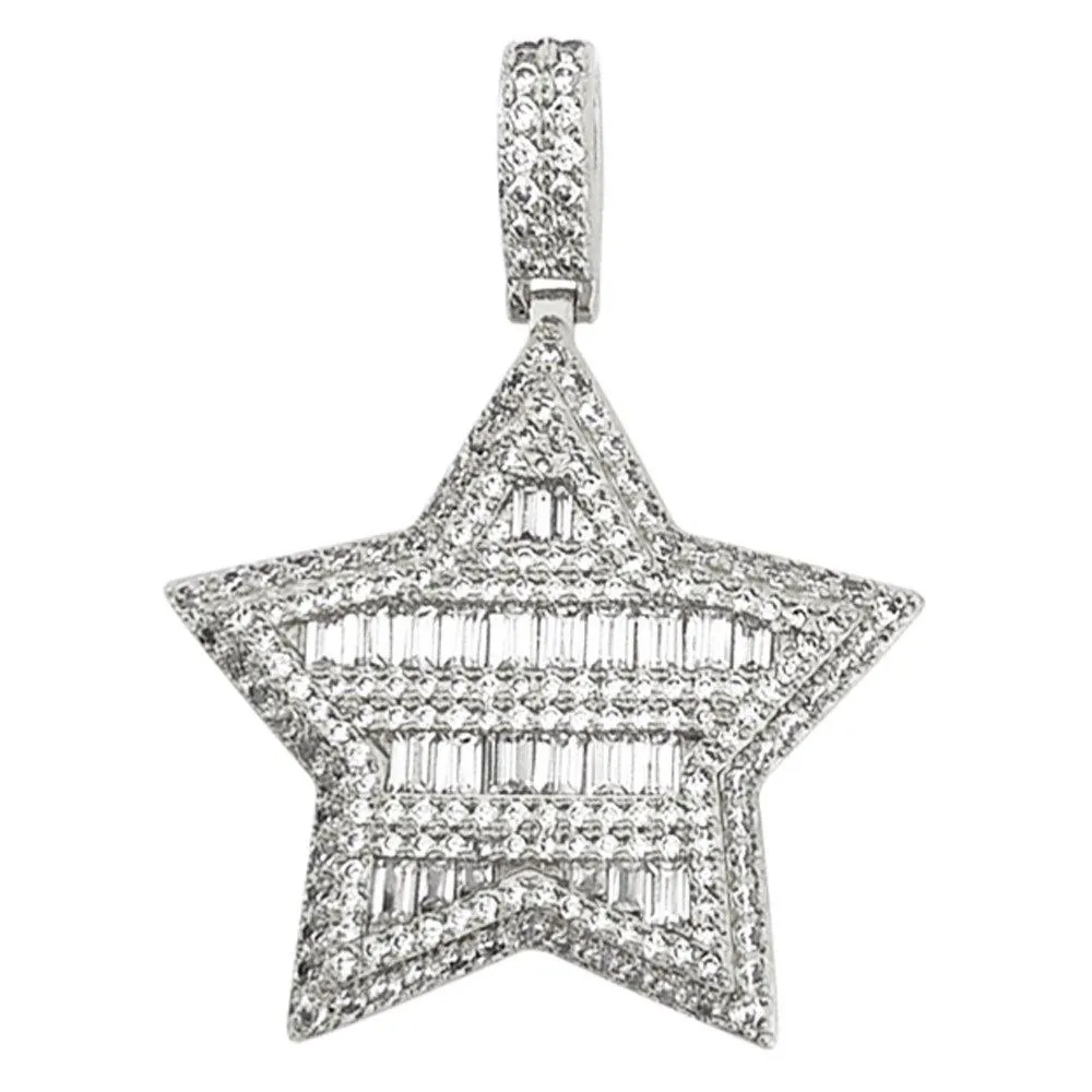 Super Star Baguette CZ Bling Bling Pendant in Rhodium