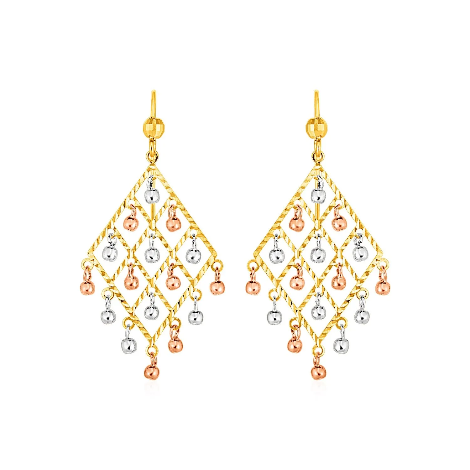 Textured Chandelier Earrings with Ball Drops in 14k Tri Color Gold-rx64769