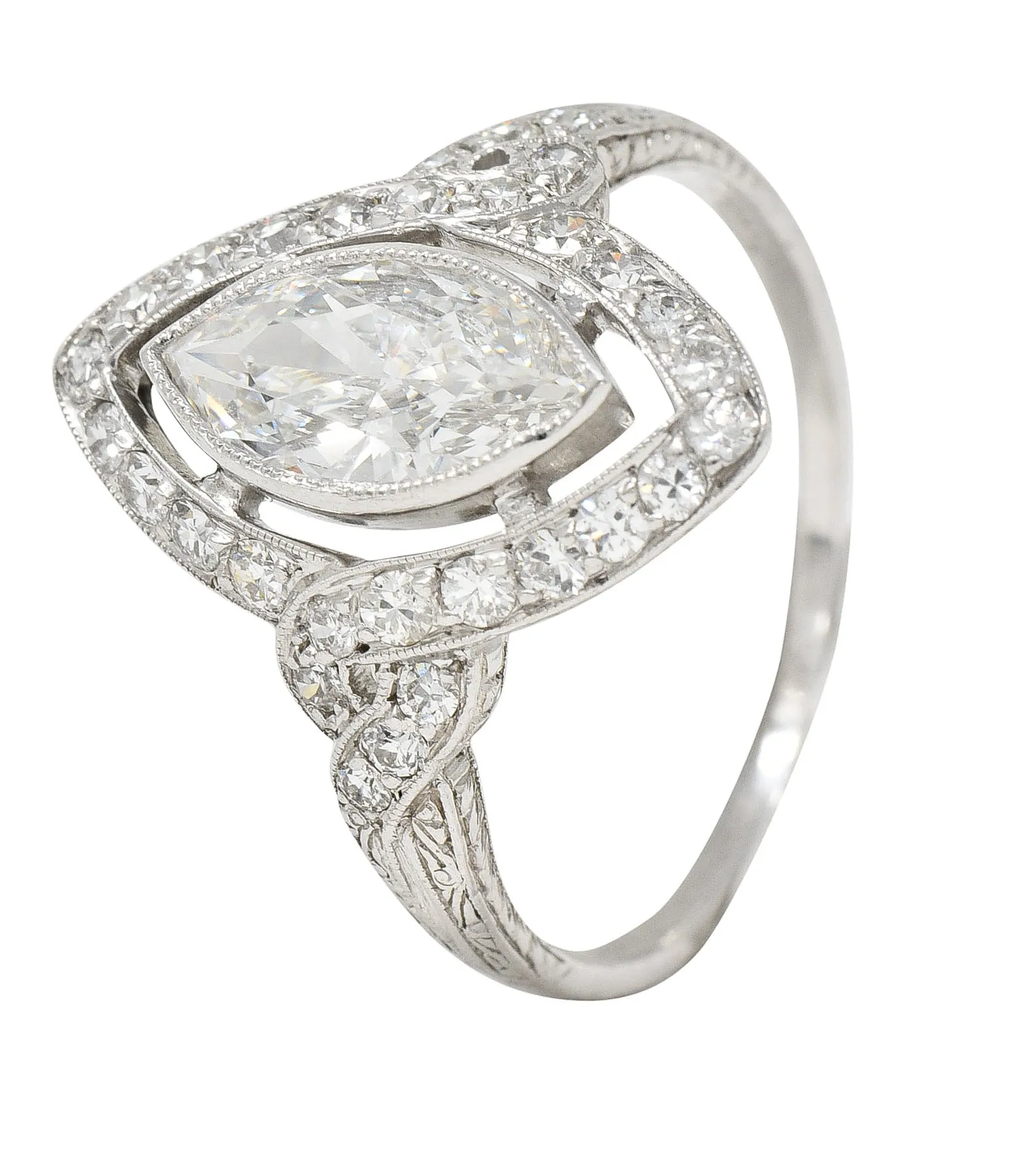 Tiffany & Co. Art Deco 1.30 CTW Marquise Cut Diamond Platinum Twisting Halo Engagement Ring GIA