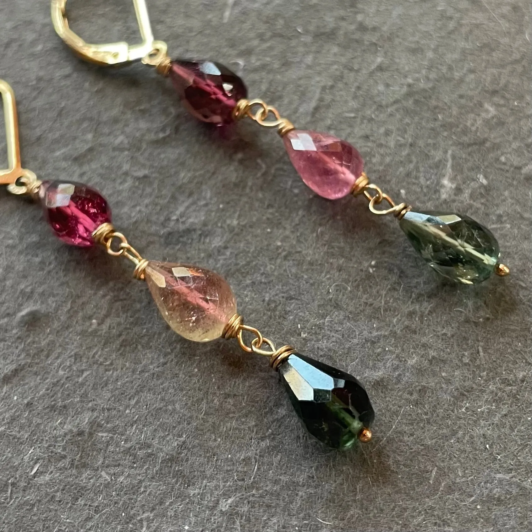 Tourmaline 3 Teardrop Dangles, OOAK