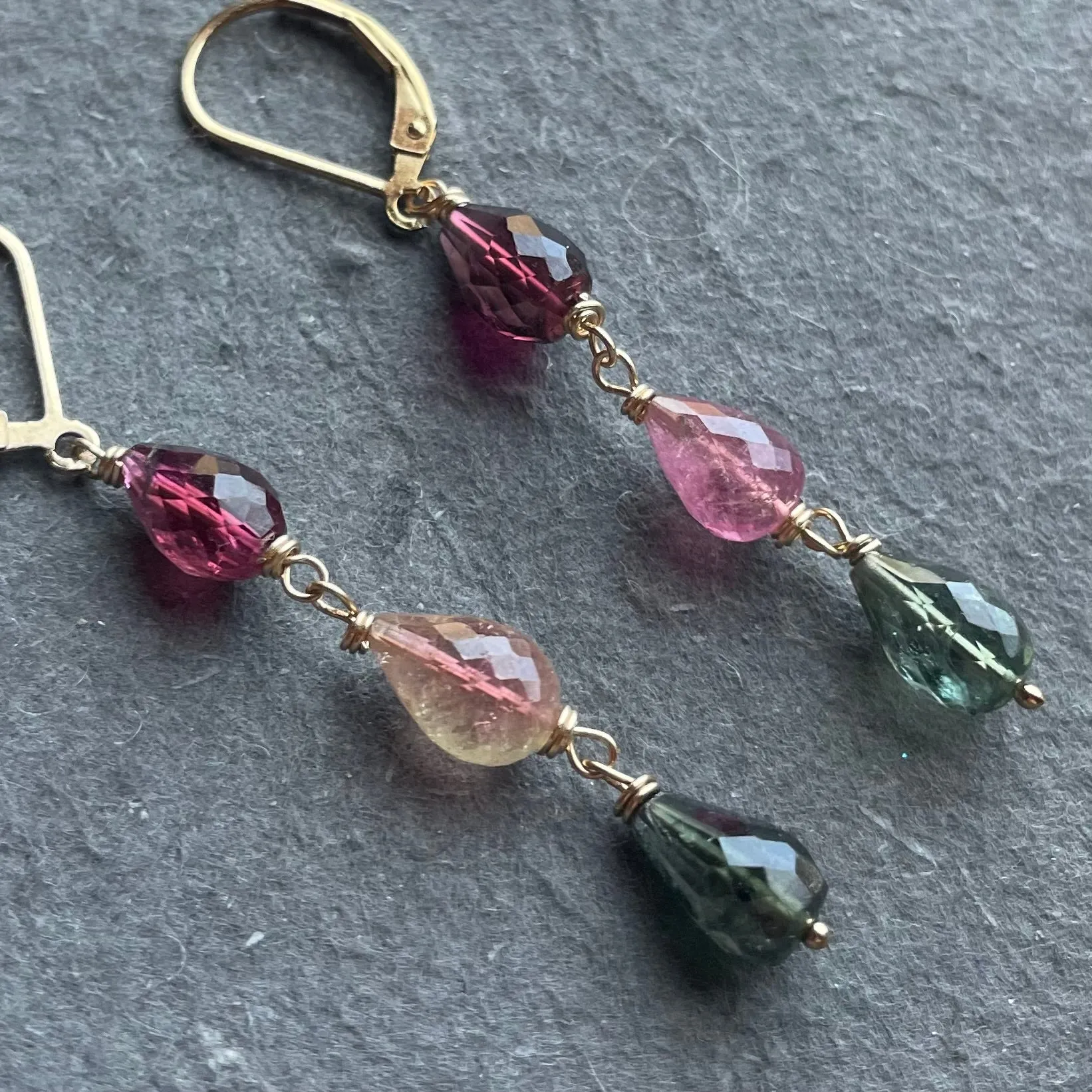 Tourmaline 3 Teardrop Dangles, OOAK