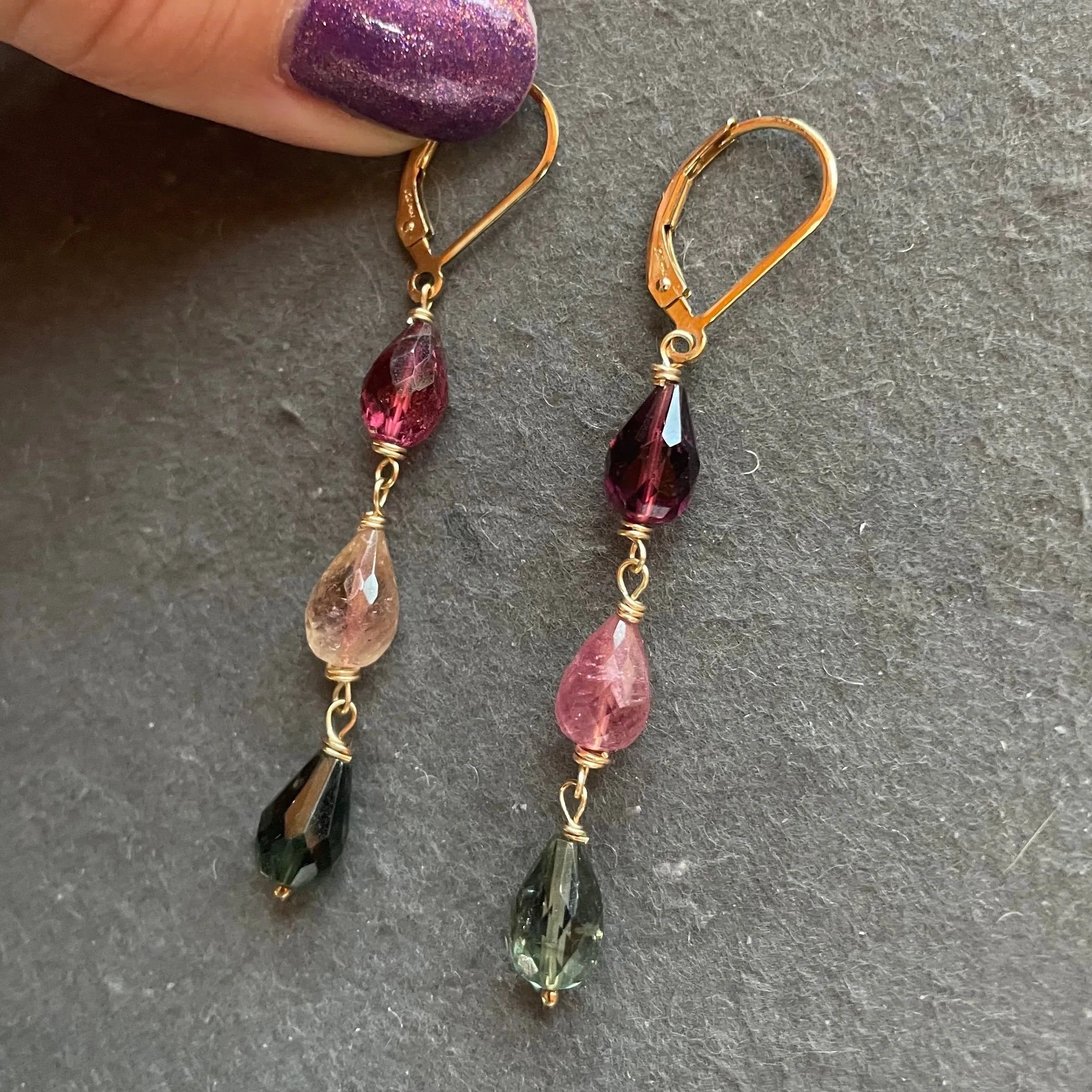 Tourmaline 3 Teardrop Dangles, OOAK