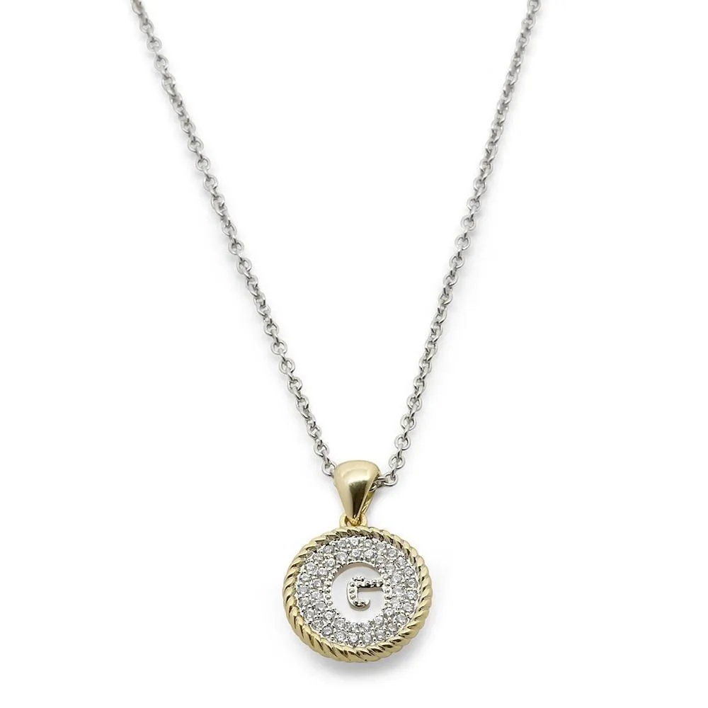 Two Tone Necklace Round Pave Initial - G