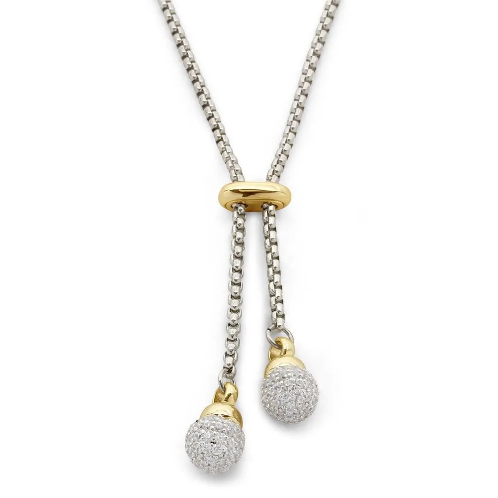 Two Tone Sliding Two Pave Ball Necklace 36 Inch