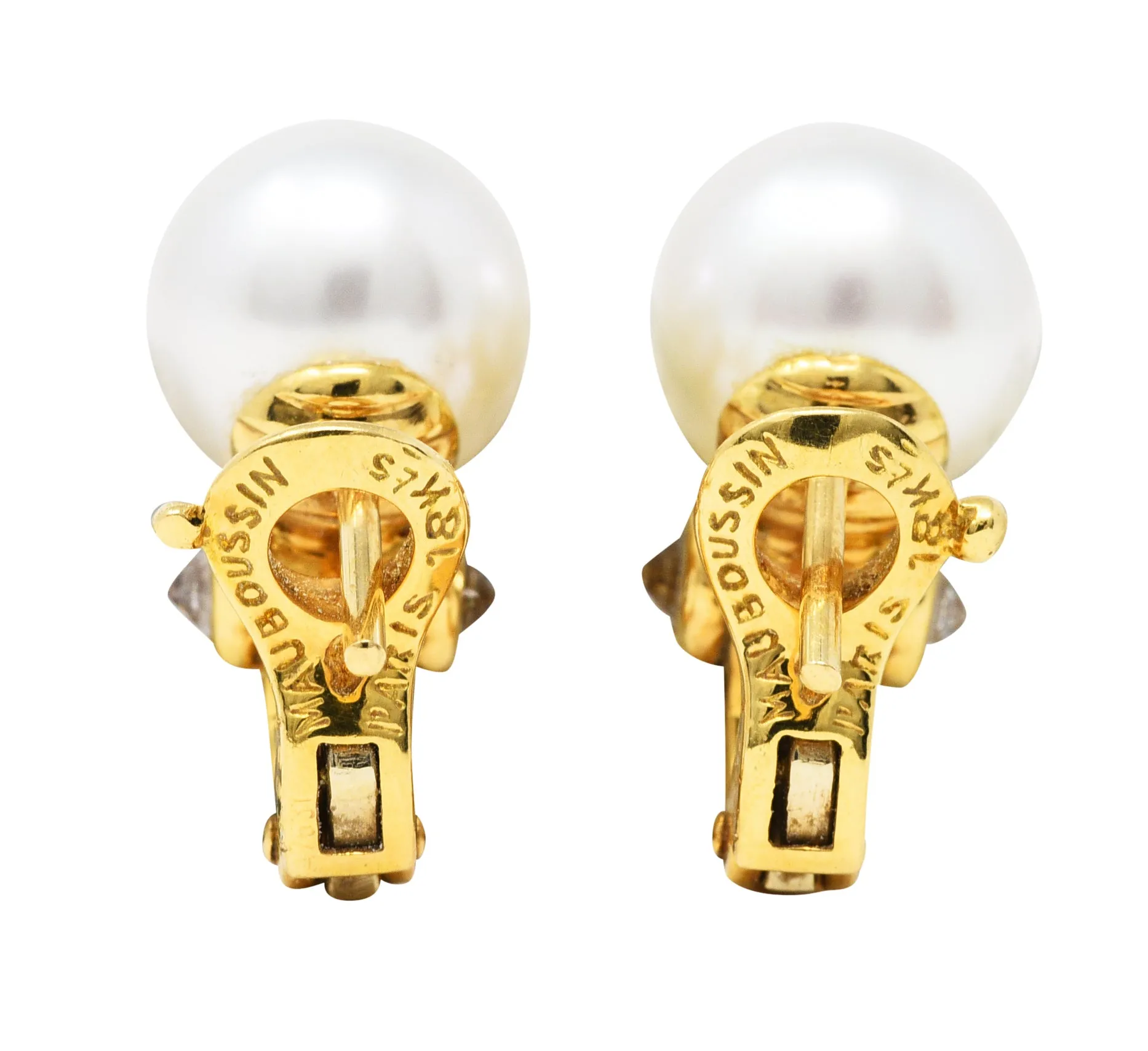 Vintage Mauboussin 1.20 CTW Diamond Pearl 18 Karat Gold Earrings