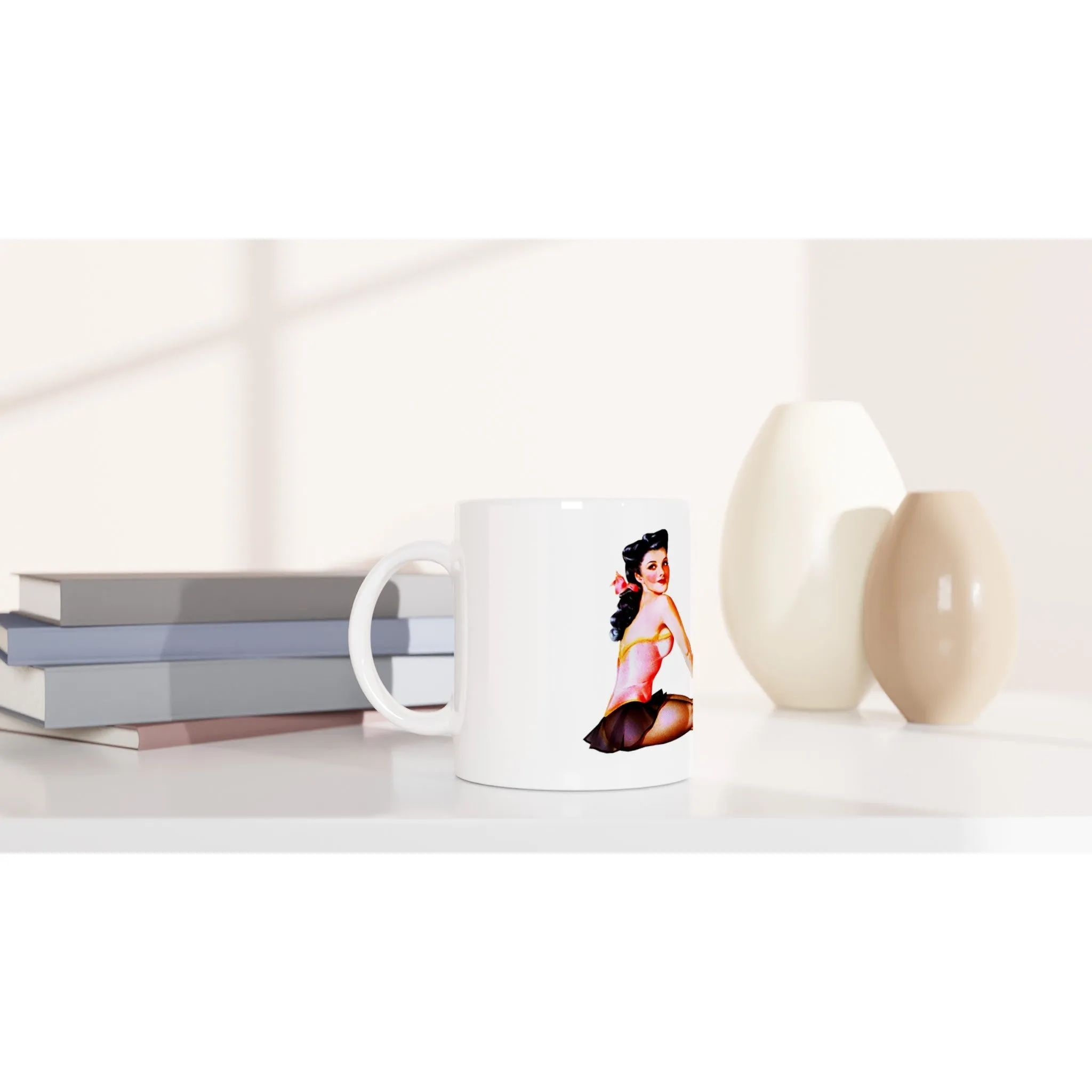 White 11oz Ceramic Mug - Retro Style - Vintage Pin Up Model - Pantyhose