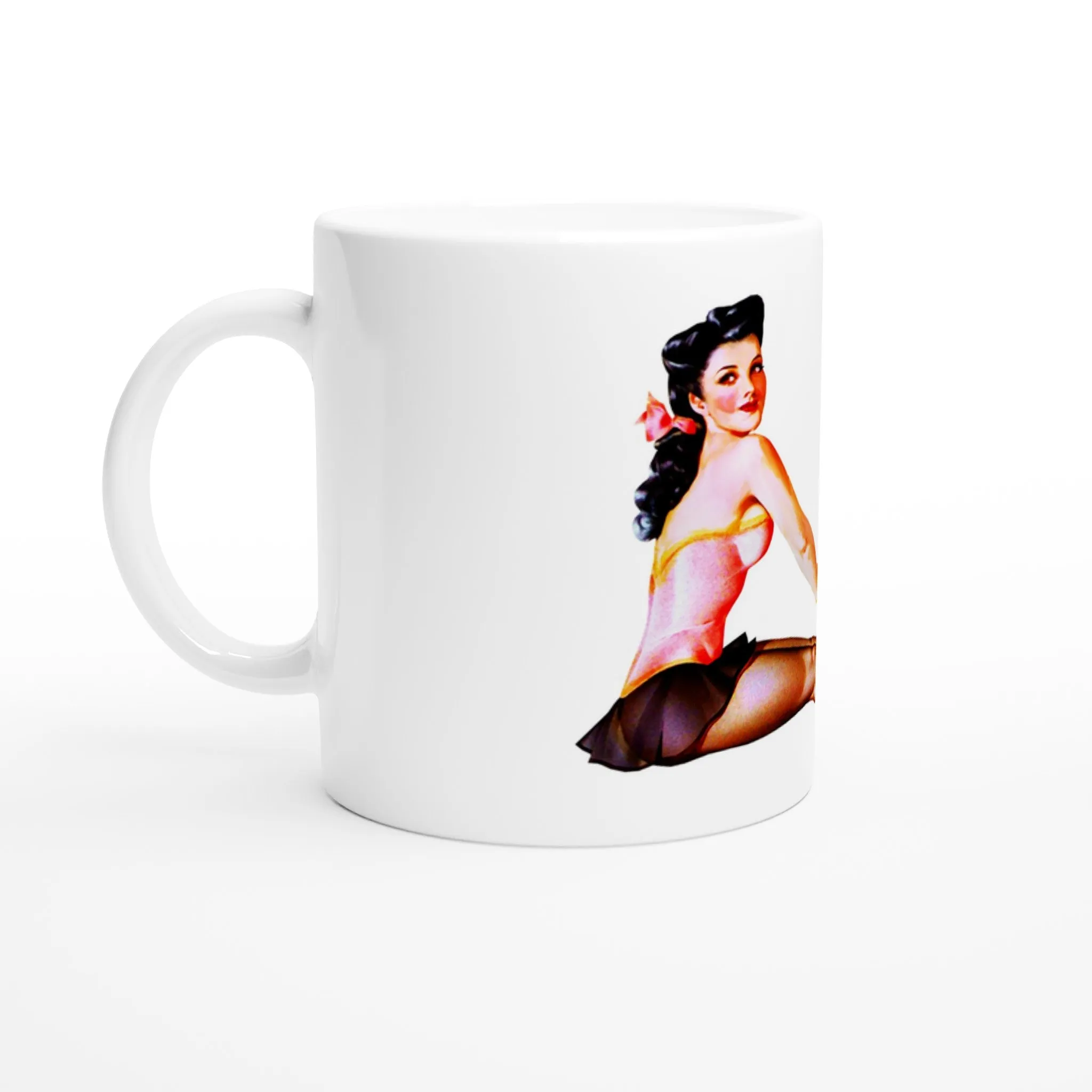 White 11oz Ceramic Mug - Retro Style - Vintage Pin Up Model - Pantyhose